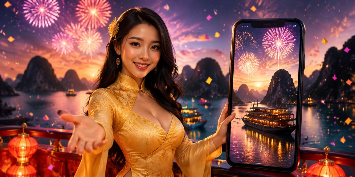 Cảnh vịnh Hạ Long với người dùng nạp tiền và nhận thưởng qua điện thoại